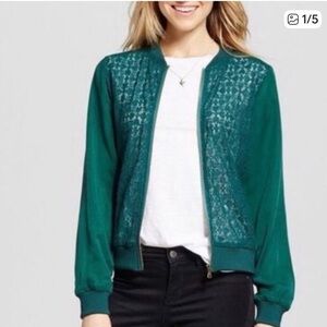 Hunter Green Lace Front Zip Up Bomber Jacket with Gold Zipper Small